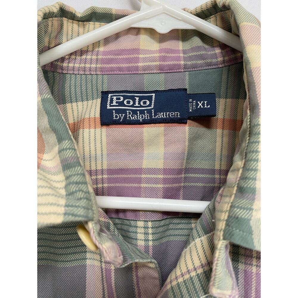 Polo Ralph Lauren Mens XL Plaid Cream Purple Green Long Sleeve Thick Button Up - Picture 3 of 9